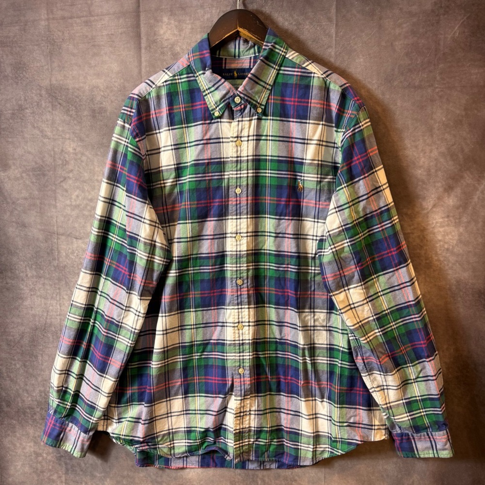 Ralph Lauren Mens XXL Plaid Button Down Shirt Blue Green Long Sleeve Cotton